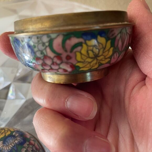 Cloisonné Bird Egg Blue Enamel Floral Vintage Trinket Round Box - Picture 8 of 11